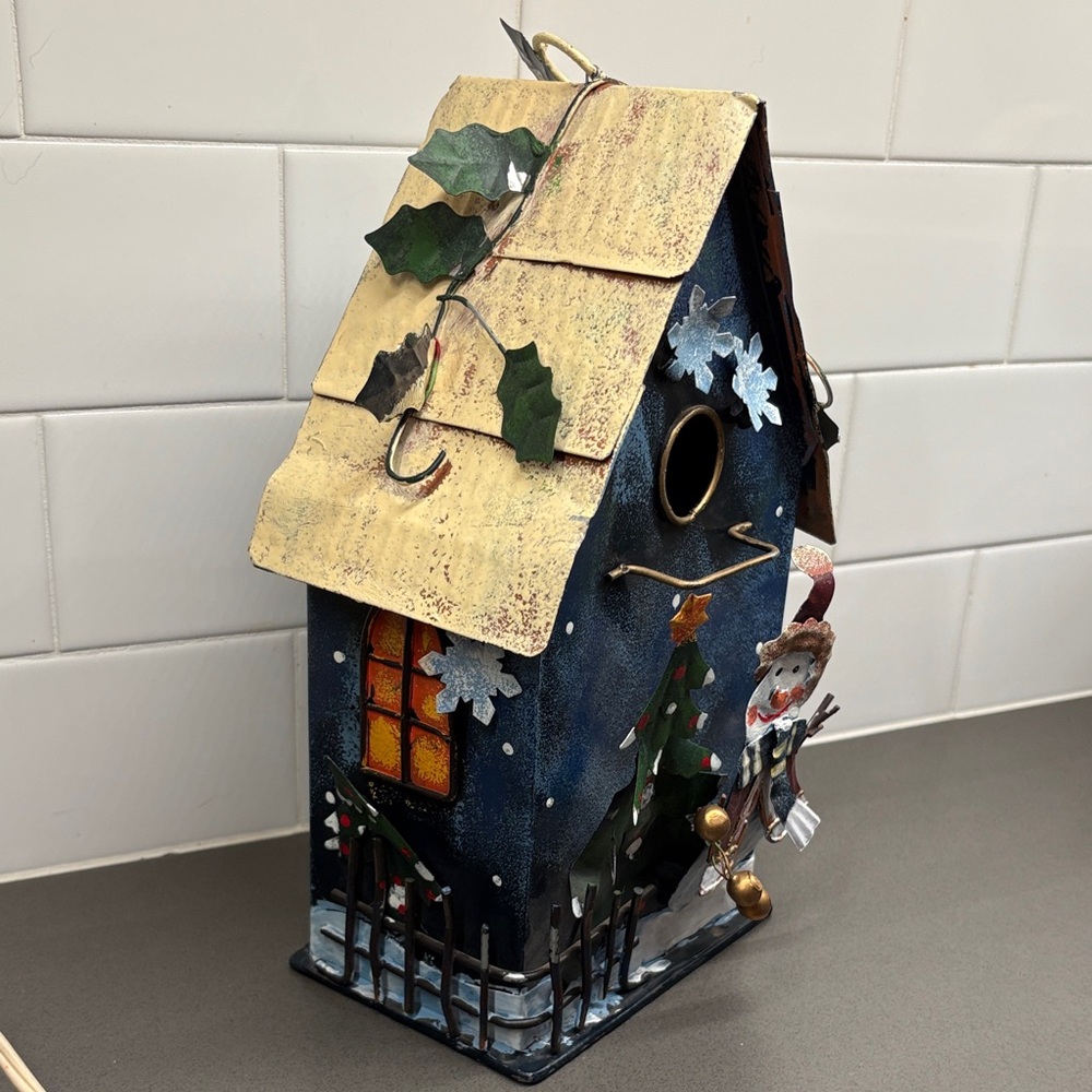 Festive Snowman Metal Birdhouse with Christmas Tree - Picture 2 of 3